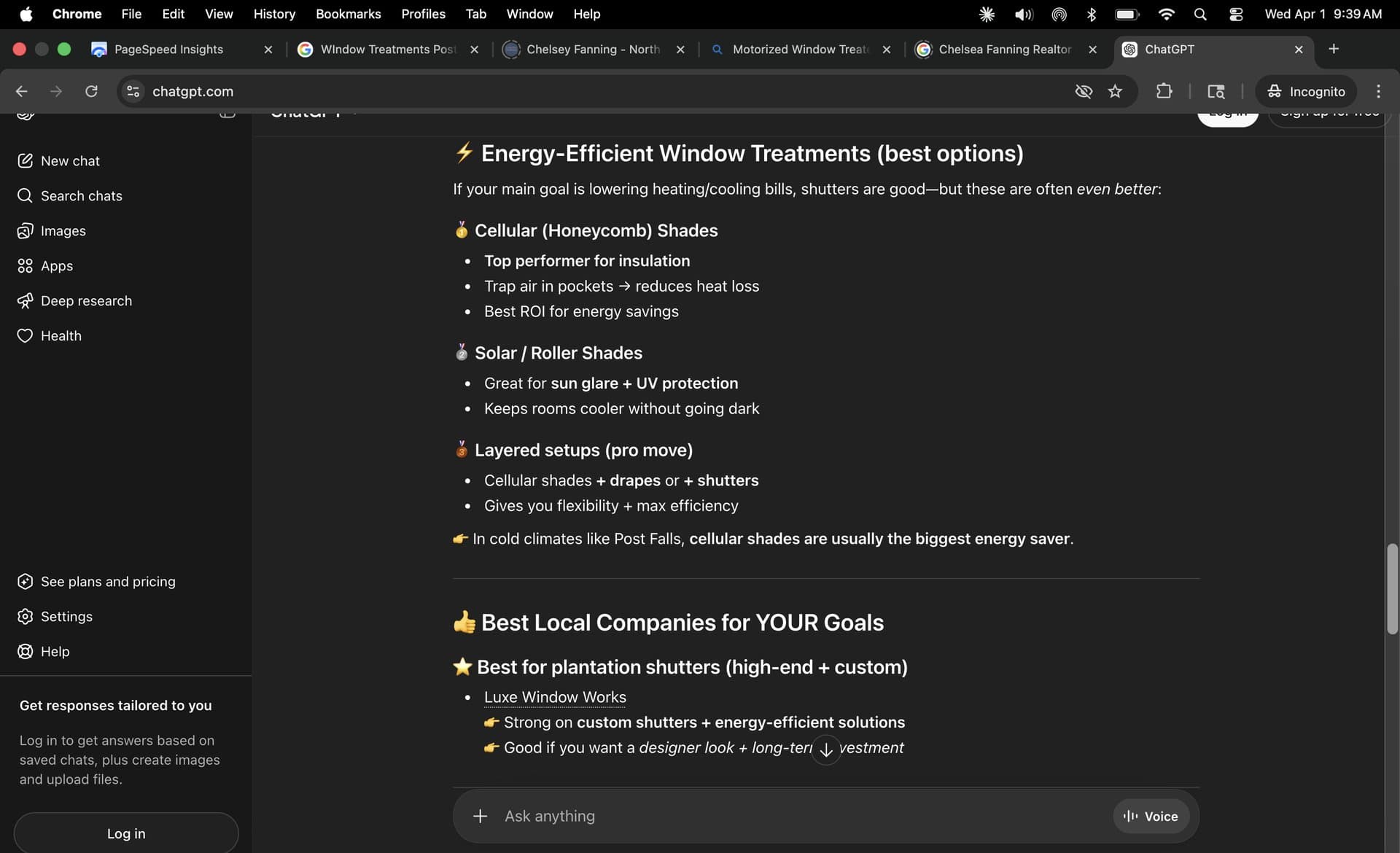 ChatGPT follow-up on shutters & energy efficiency — Luxe first again.
